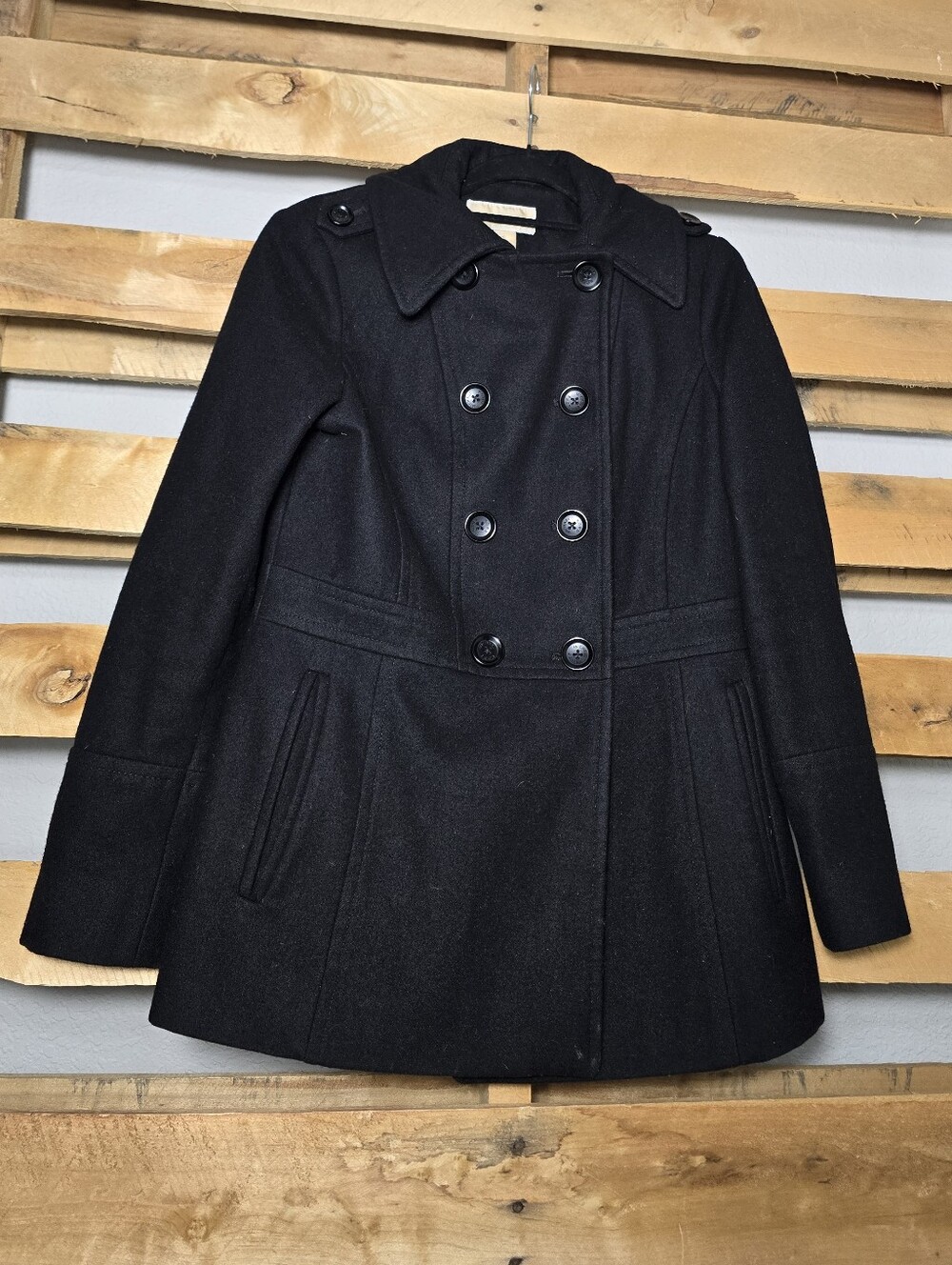 Michael Kors Womens Black Double-Breasted Wool Blend Pea Coat Size:S